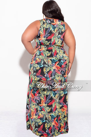 Final Sale Plus Size Faux Wrap Maxi Dress with Side Slit in Black Multi Color Leaf Print