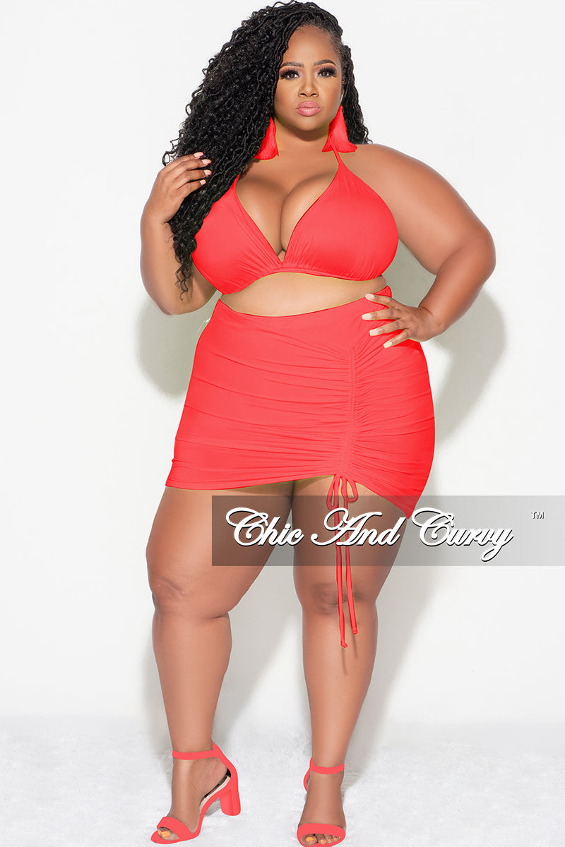 Final Sale Plus Size 3pc Set Bikini Top, Briefs & Ruched Skirt in Rust Orange