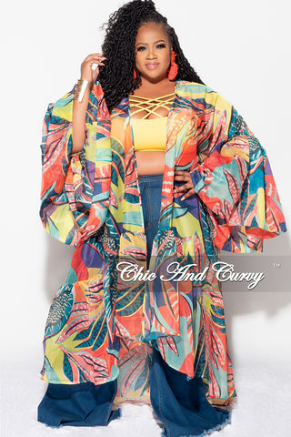 Final Sale Plus Size Ruffle Sleeve Kimono Duster in Multi Color Tropical Print