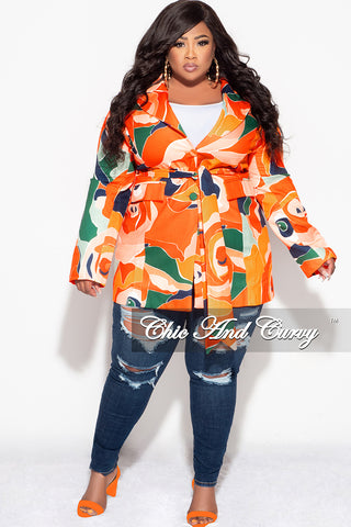 Final Sale Plus Size Blazer in Orange Multi Color Design Print