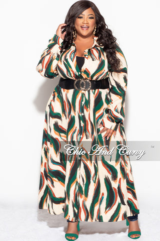 Final Sale Plus Size Collar Button Up Maxi Dress in Beige Multi Color Design