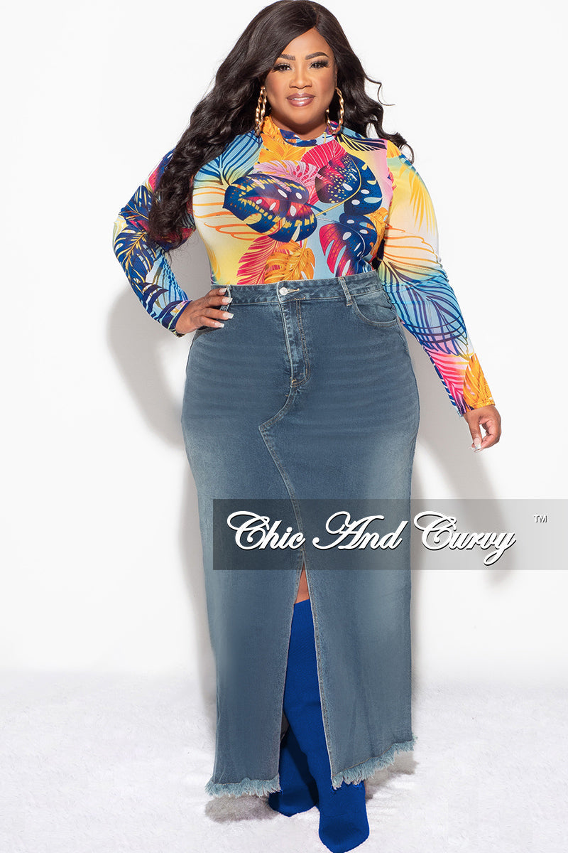 Final Sale Plus Size Mesh Bodysuit in Multi Color Leaf Print