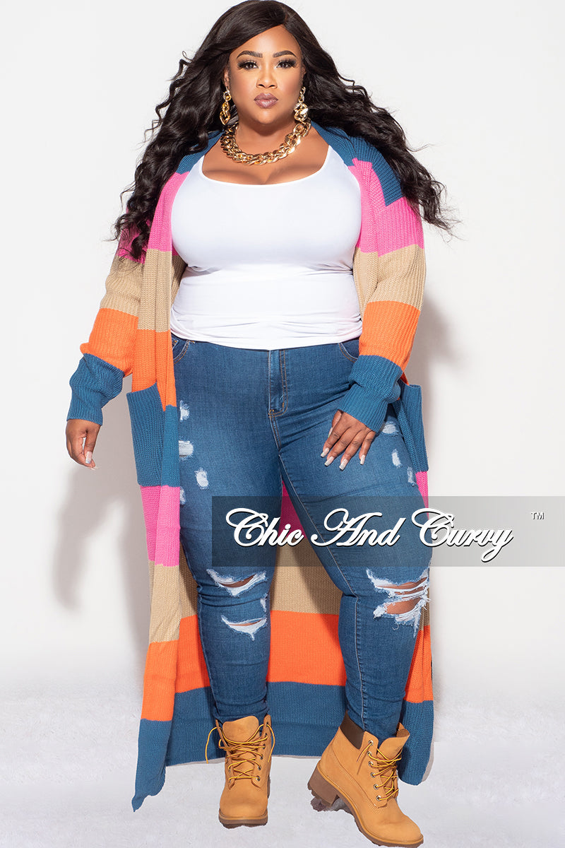Final Sale Plus Size Knit Sweater Duster Blue Pink Tan and Orange