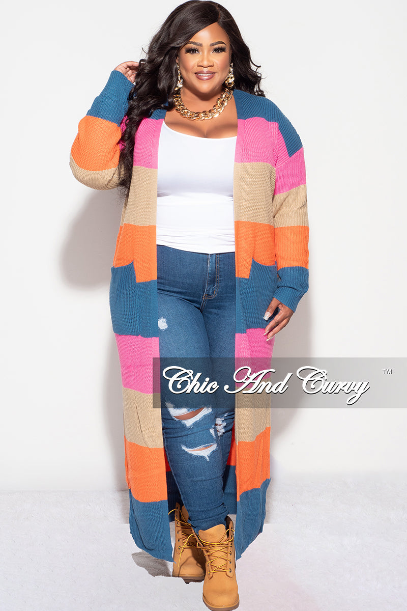 Final Sale Plus Size Knit Sweater Duster Blue Pink Tan and Orange