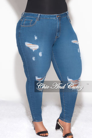 Final Sale Plus Size Distressed Jeans in Blue Denim