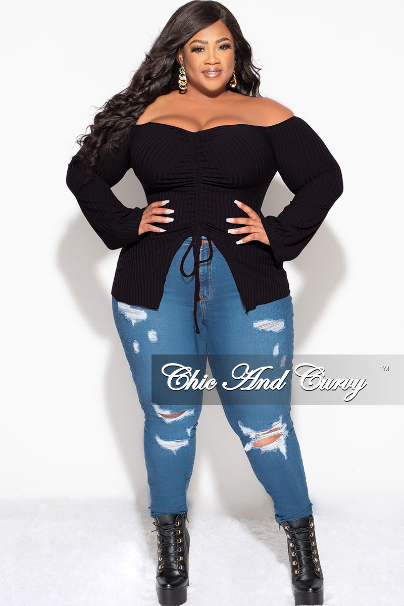 Final Sale Plus Size Ribbed Off the Shoulder Bell Sleeve Top in Black