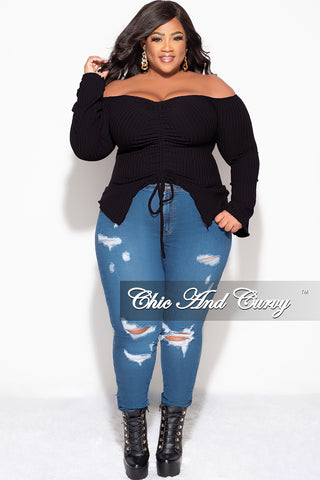 Final Sale Plus Size Ribbed Off the Shoulder Bell Sleeve Top in Black