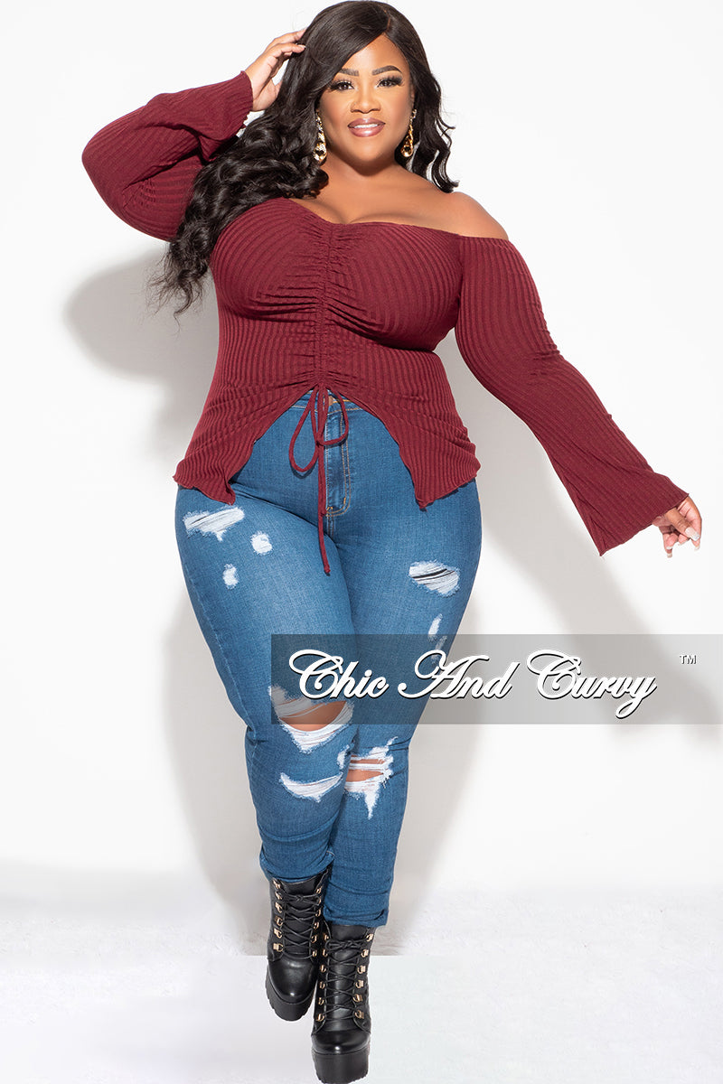 Final Sale Plus Size Ribbed Off the Shoulder Bell Sleeve Top in Burgundy