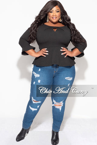 Final Sale Plus Size Bell Sleeve Peplum Top with Front Keyhole in Black