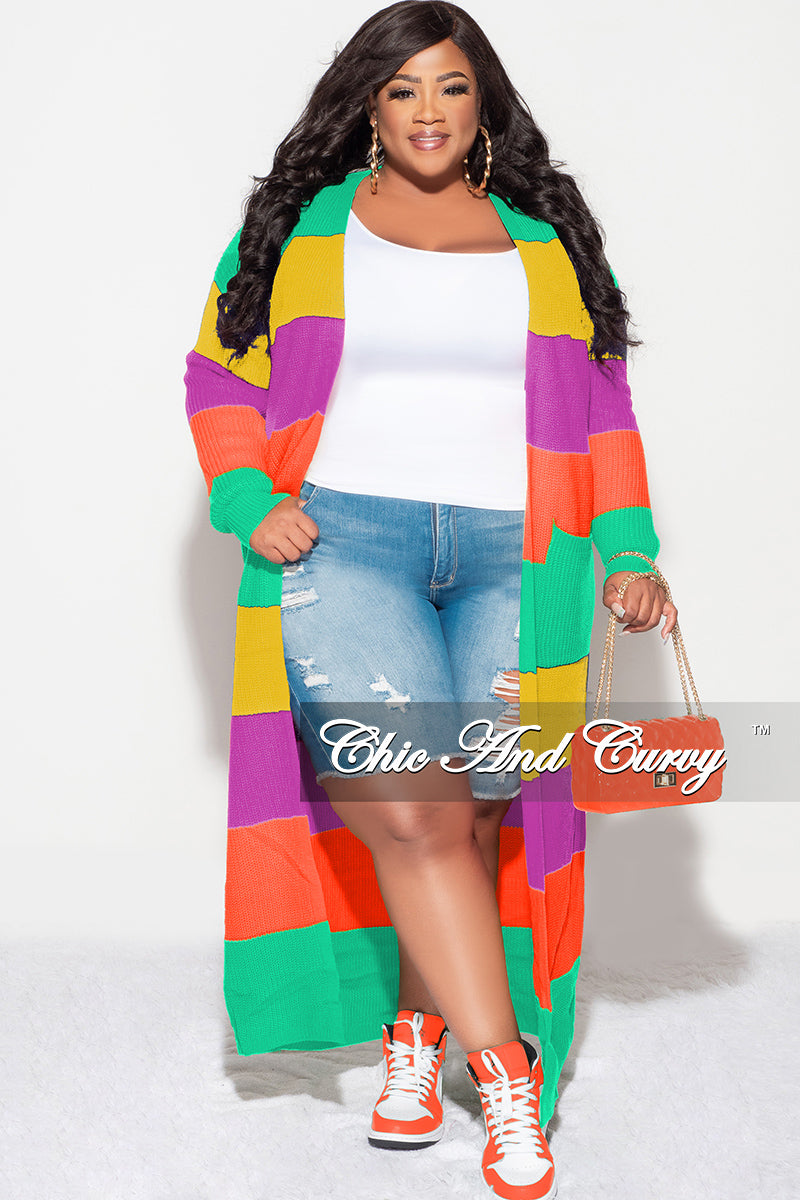 Final Sale Plus Size Knit Sweater Duster Green Mustard Purple and Orange