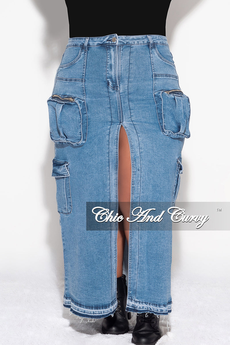 Final Sale Plus Size Cargo Skirt with Front Slit in Denim