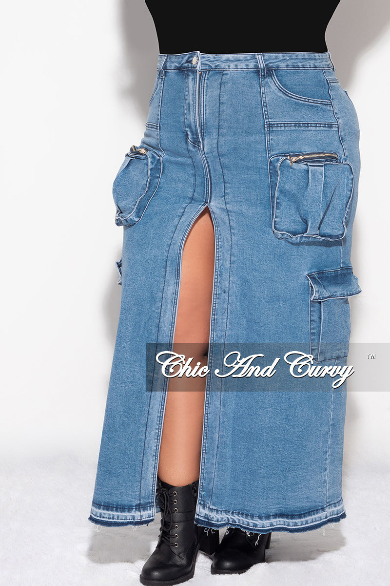 Final Sale Plus Size Cargo Skirt with Front Slit in Denim