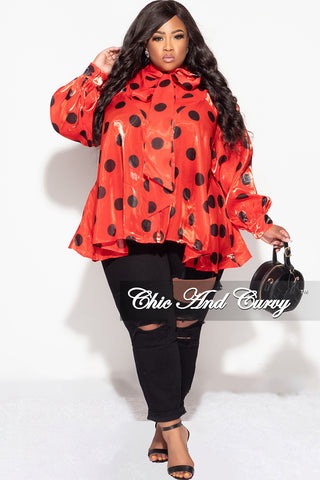 Final Sale Plus Size Button Up Oversized Neck Tie Top in Red and Black Polka Dot