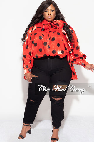Final Sale Plus Size Button Up Oversized Neck Tie Top in Red and Black Polka Dot