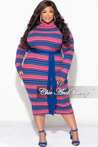 Final Sale Plus Size Ribbed Sweater Tie Dress in Tan Royal Blue Multi Color Stripe Print