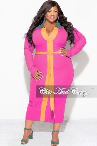 Final Sale Plus Size Collar V Neck Ribbed Midi Dress with Tie in Magenta, Orange and Green