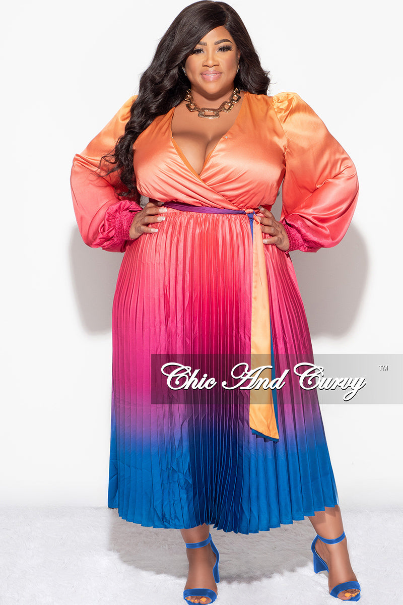 Final Sale Plus Faux Wrap Pleated Dress in Rainbow Print