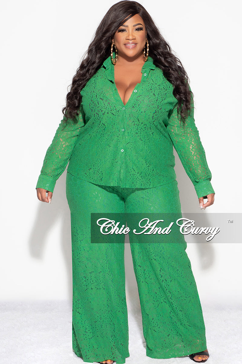 Final Sale Plus Size 2pc Collar Button Up Top And Pants Set In Green