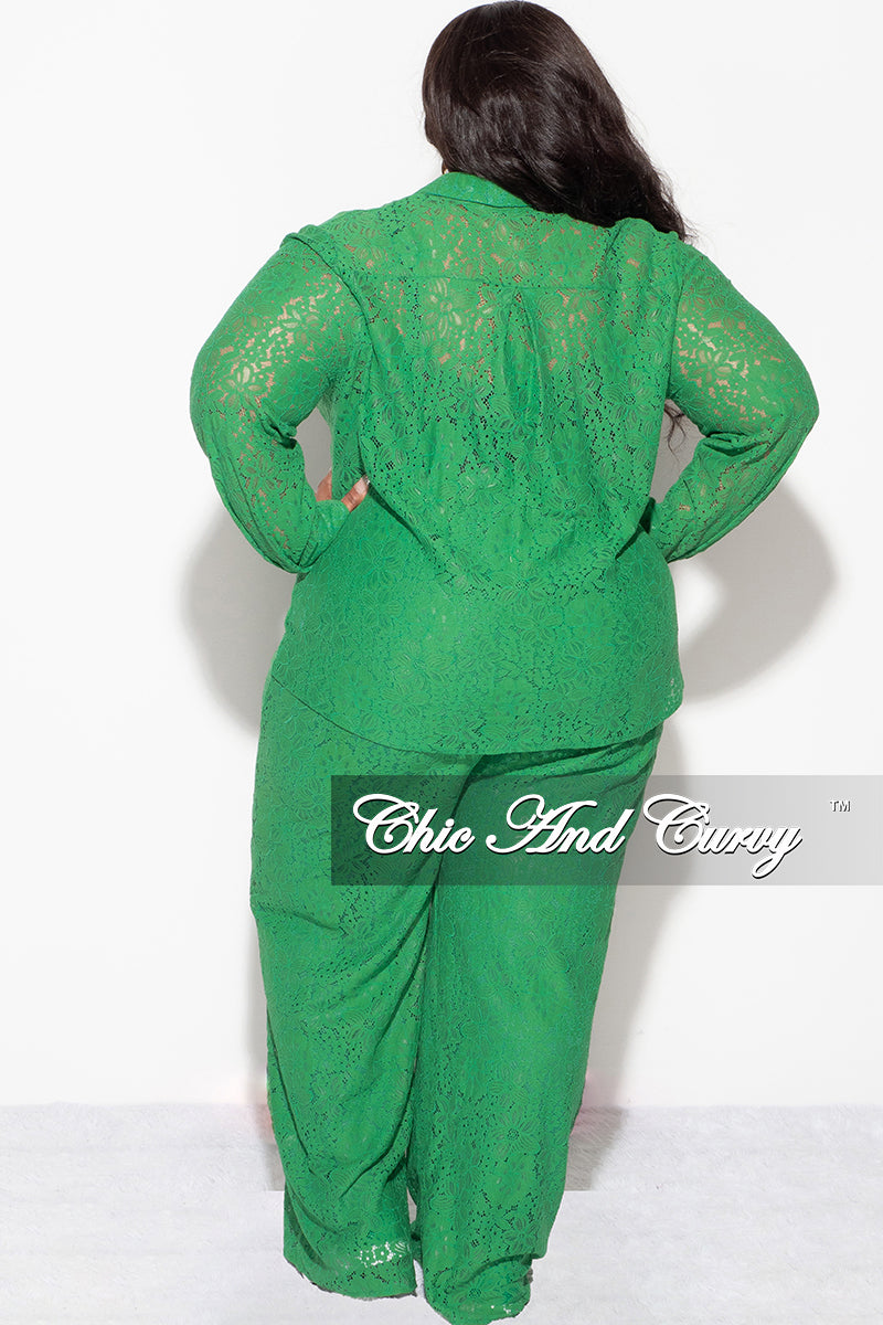 Final Sale Plus Size 2pc Collar Button Up Top And Pants Set In Green