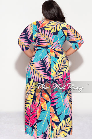Final Sale Plus Size Deep V Faux Wrap Dress with 3/4 Sleeves in Navy Multi Leaf Print