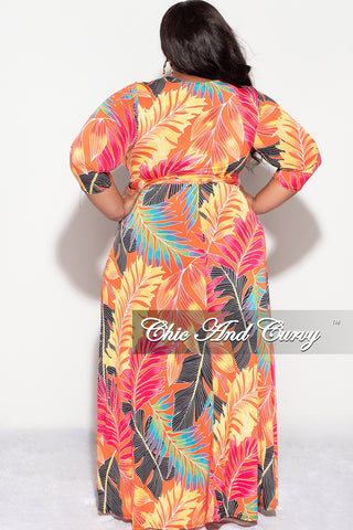 Final Sale Plus Size Deep V-Neck Faux Wrap Dress with 3/4 Sleeves in Orange Multi Leaf Print