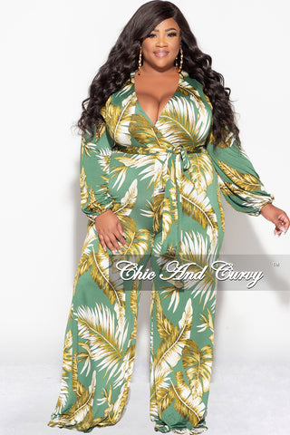 Final Sale Plus Size Deep V Jumpsuit with Tie in Green Leaf Print