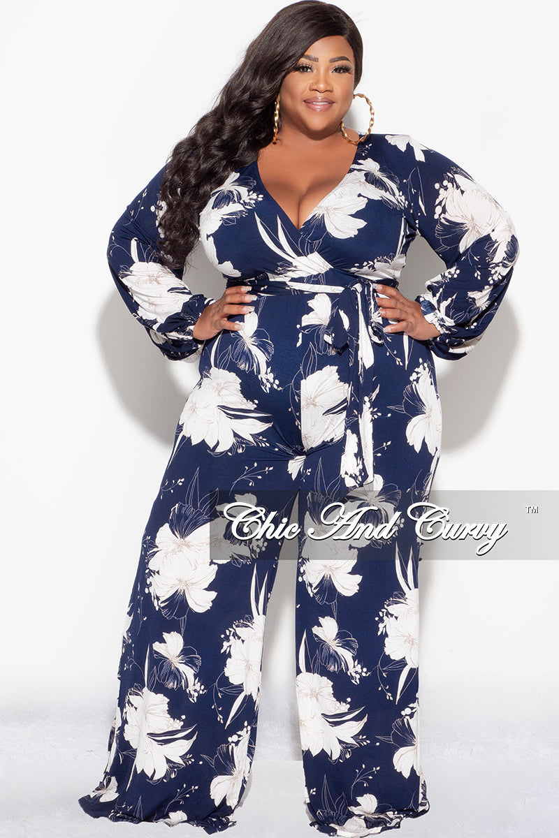 Final Sale Plus Size Faux Wrap Jumpsuit with Tie in Navy and White Floral Print
