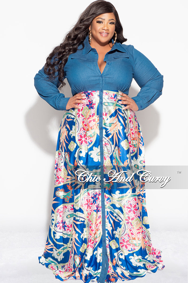 Final Sale Plus Size Collar Button Up Stain Maxi Dress in Denim  Multi Color Design Print