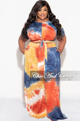 Final Sale Plus Size 2pc Short Sleeve Tie Top and Pants Set in Rust Navy and Mustard Tie Dye Print