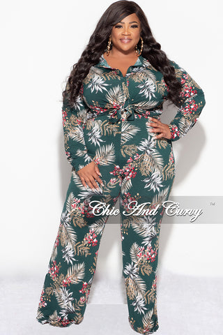 Final Sale Plus Size 2pc Long Sleeved Button Up Shirt and Pants Set in Forest Green & Cranberry