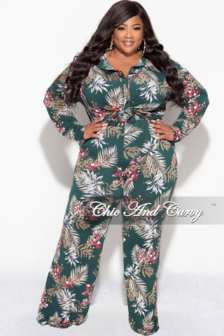 Final Sale Plus Size 2pc Long Sleeved Button Up Shirt and Pants Set in Forest Green & Cranberry