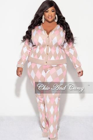 Final Sale Plus Size 2pc Button Up Sweater and Pant Set In Pink Beige and White Diamond Print