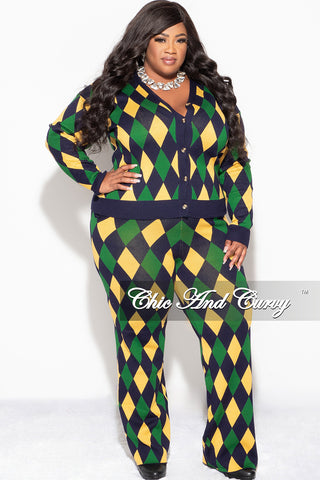 Final Sale Plus Size 2pc Button Up Sweater and Pant Set In Green and Yellow Diamond Print