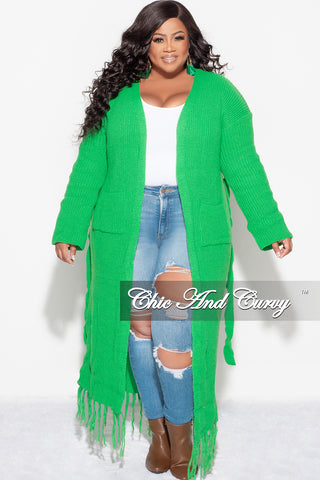 Final Sale Plus Size Crochet Cardigan with Tie and Fringe Bottom in Green