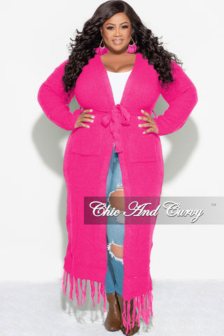 Final Sale Plus Size Crochet Cardigan with Tie and Fringe Bottom in Hot Pink