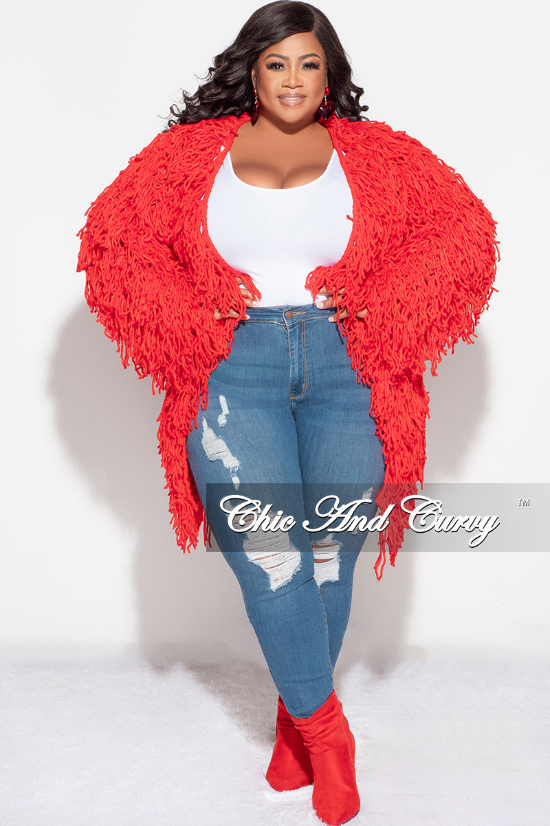 Final Sale Plus Size Fringe Cardigan in Crochet Knit With Open Front in Red (Seasonal)