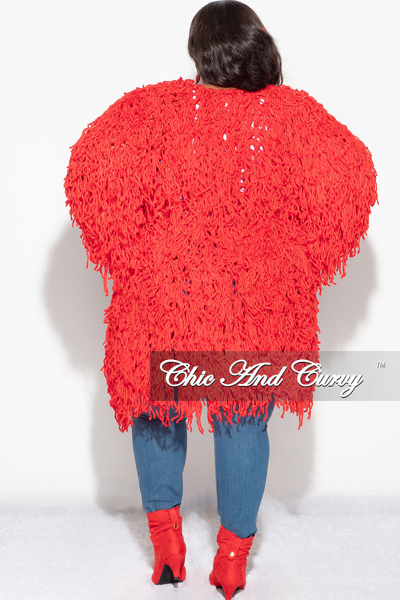 Final Sale Plus Size Fringe Cardigan in Crochet Knit With Open Front in Red (Seasonal)