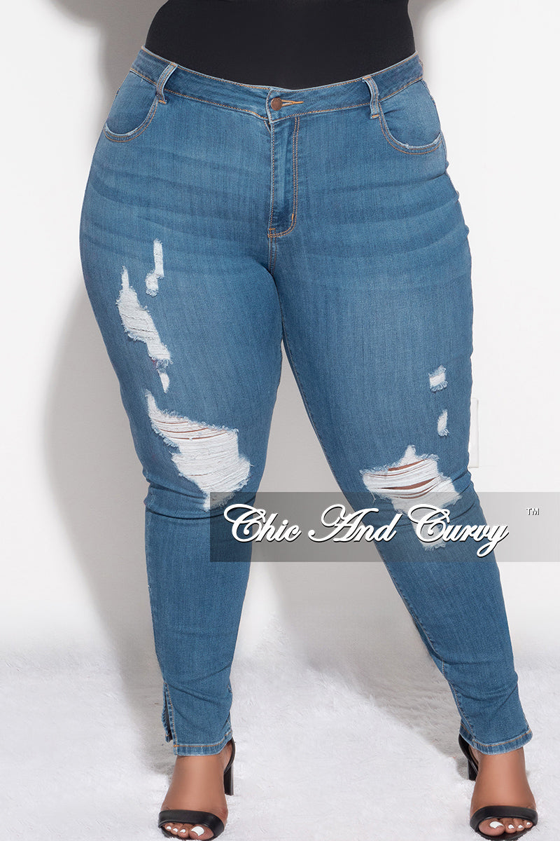 Final Sale Plus Size Distressed Slit Jeans in Denim