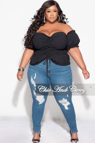 Final Sale Plus Size Off the Shoulder Frill Top with Middle Drawstring and Ruffle Bottom in Black