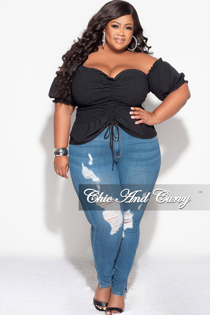 Final Sale Plus Size Off the Shoulder Frill Top with Middle Drawstring and Ruffle Bottom in Black