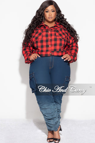 Final Sale Plus Size Collar Button Up Top in Red and Black Plaid Print