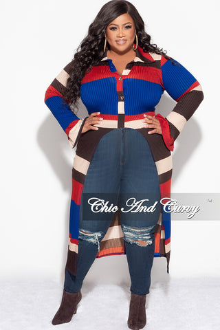 Final Sale Plus Size Ribbed Collar Button Up High-Low Top in Royal Blue Multi Color Print