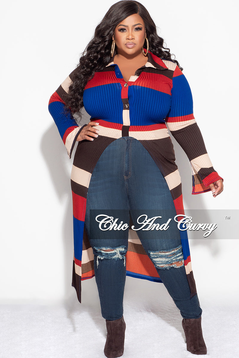 Final Sale Plus Size Ribbed Collar Button Up High-Low Top in Royal Blue Multi Color Print