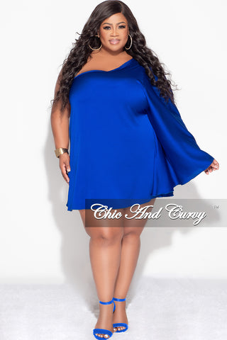 Final Sale Plus Size Satin One Shoulder Bell Sleeve Dress in Royal Blue