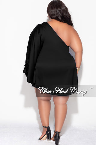 Final Sale Plus Size Satin One Shoulder Bell Sleeve Dress in Black