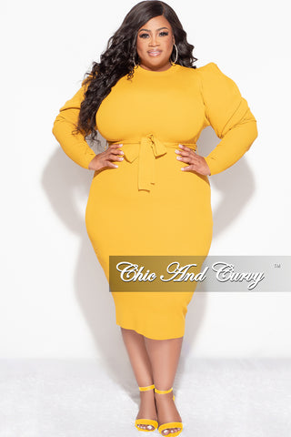 Final Sale Plus Size “Sonya Dress” - Puffy Sleeve Ribbed BodyCon Dress with Waist Tie in Mustard