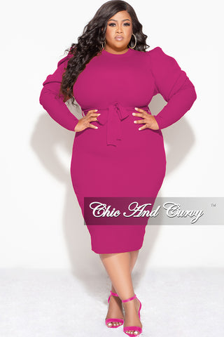 Final Sale Plus Size “Sonya Dress” - Puffy Sleeve Ribbed BodyCon Dress with Waist Tie in Fuchsia