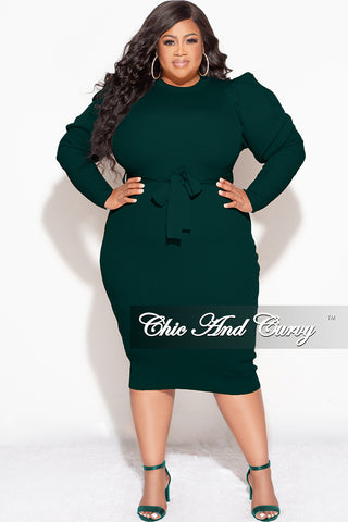 Final Sale Plus Size “Sonya Dress” - Puffy Sleeve Ribbed BodyCon Dress with Waist Tie in Hunter Green