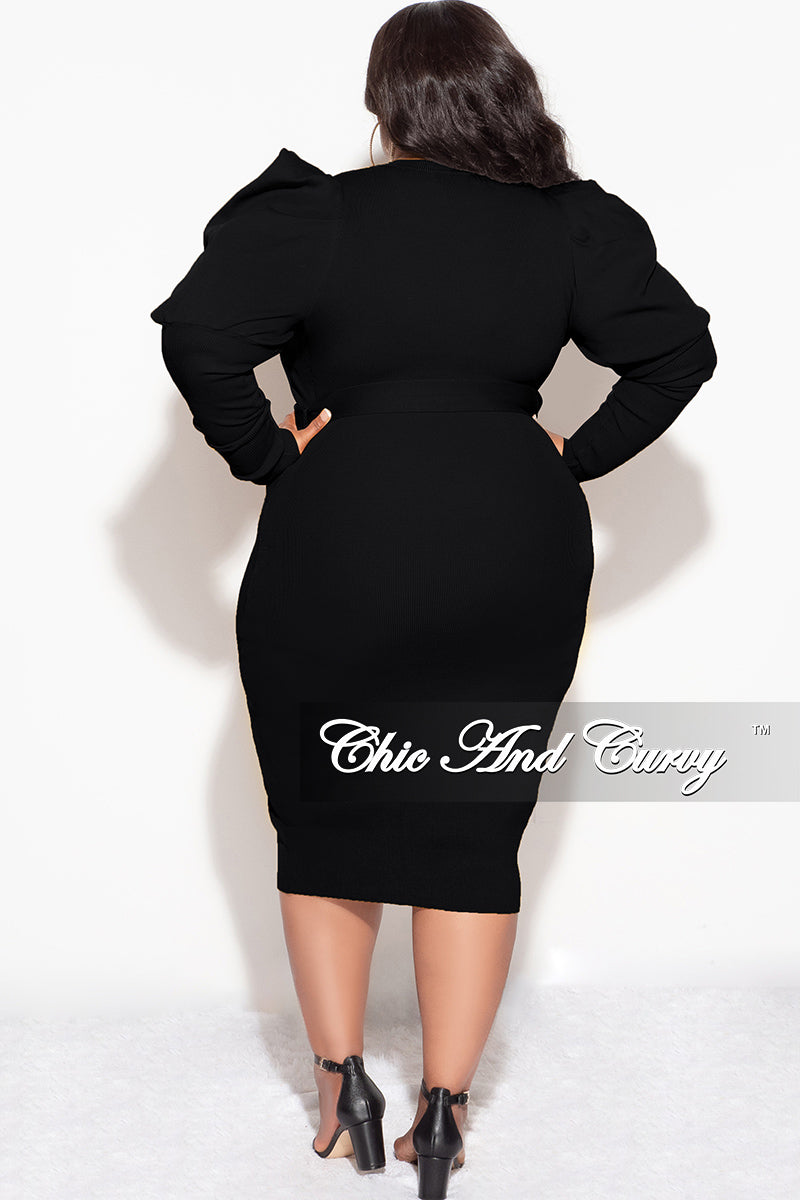 Final Sale Plus Size “Sonya Dress” - Puffy Sleeve Ribbed BodyCon Dress with Waist Tie in Black