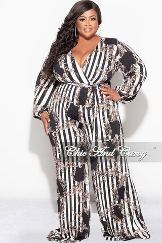 Final Sale Plus Size Deep V Jumpsuit with Tie in Black and White Stripe Print Fall